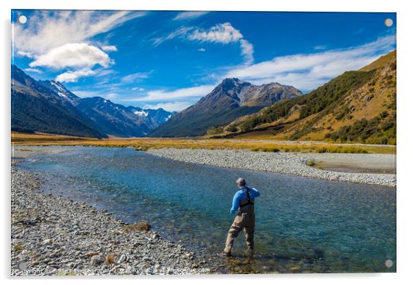 A fly fisherman casting on a beautiful mountain stream in New Zealand Acrylic by SnapT Photography