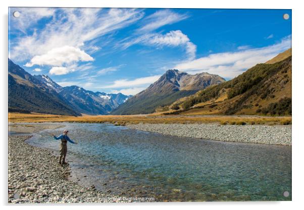 A fly fisherman casting for trout on the Ahuriri River in New Zealand Acrylic by SnapT Photography