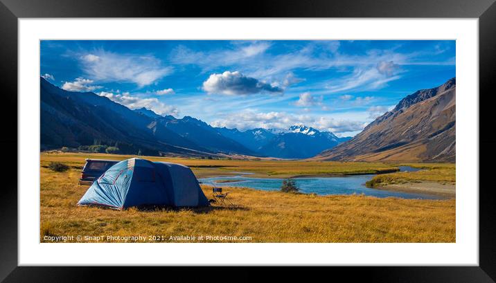 A tent pitched beside a river, surrounded by mountains, in New Zealand Framed Mounted Print by SnapT Photography