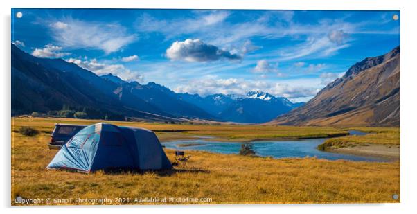 A tent pitched beside a river, surrounded by mountains, in New Zealand Acrylic by SnapT Photography