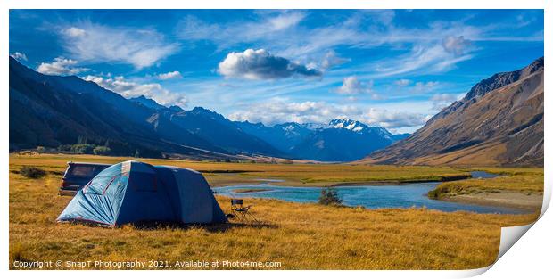 A tent pitched beside a river, surrounded by mountains, in New Zealand Print by SnapT Photography