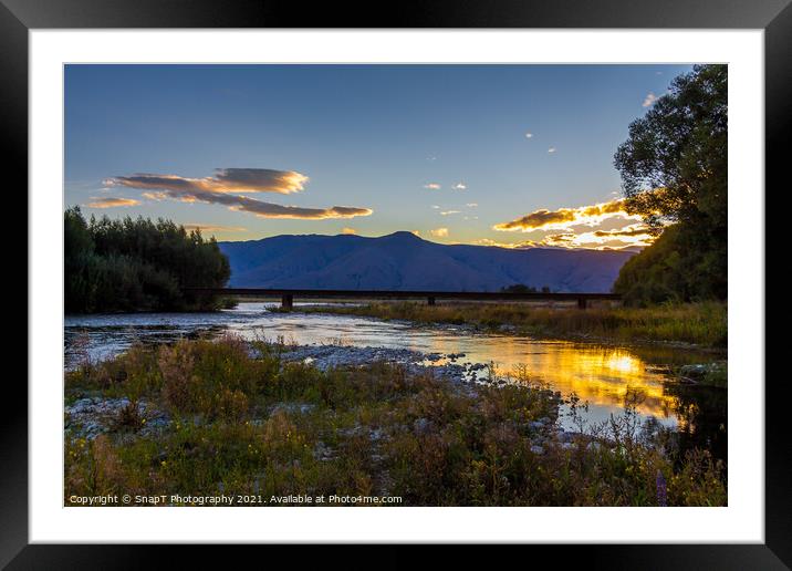 Sunset on the Tekapo River, with mountains in the background in summer Framed Mounted Print by SnapT Photography