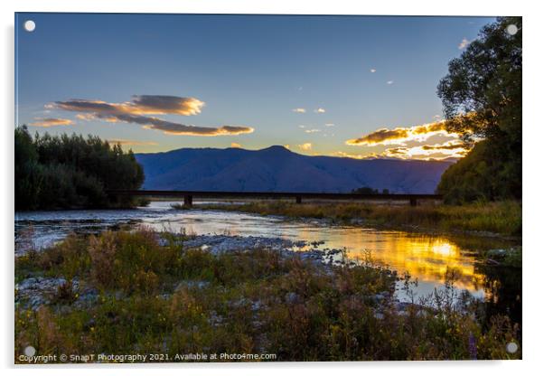 Sunset on the Tekapo River, with mountains in the background in summer Acrylic by SnapT Photography