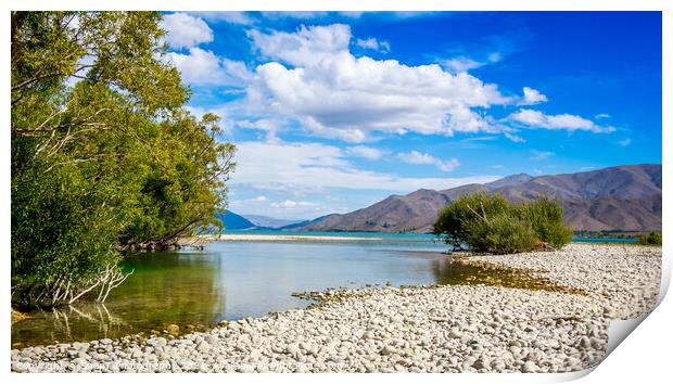 The slow flowing Pukaki river as it flows into Lake Benmore on a sunny day Print by SnapT Photography