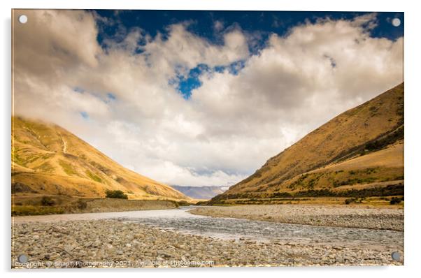 A New Zealand mountain stream in a V shaped valley with dramatic clouds Acrylic by SnapT Photography