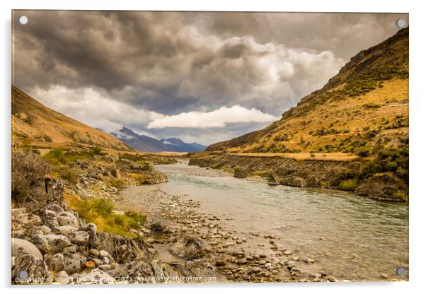 A mountain landscape and river on a cloudy day in New Zealand near Omarama Acrylic by SnapT Photography