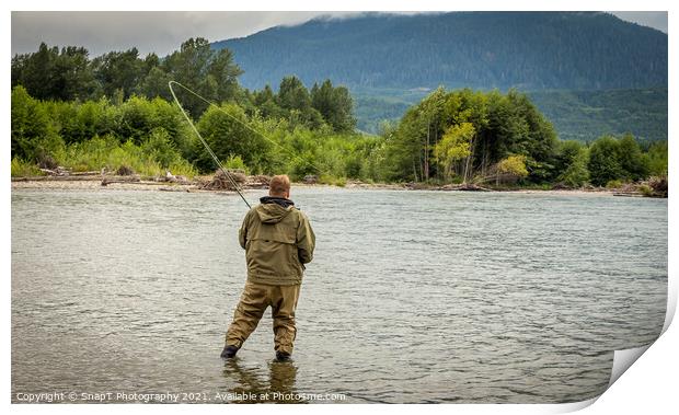 Fisherman battling a fish with a bent rod, while wading. Print by SnapT Photography