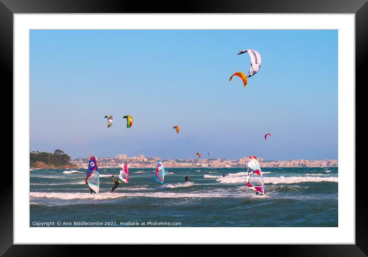 Windsurfers and Kite surfers on Palm Beach Framed Mounted Print by Ann Biddlecombe