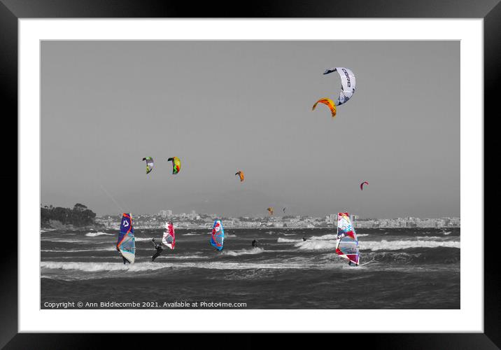 Windsurfers and Kite surfers on Palm Beach with selective colors Framed Mounted Print by Ann Biddlecombe