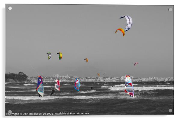 Windsurfers and Kite surfers on Palm Beach with selective colors Acrylic by Ann Biddlecombe
