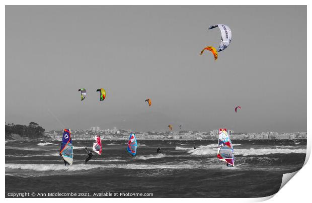 Windsurfers and Kite surfers on Palm Beach with selective colors Print by Ann Biddlecombe