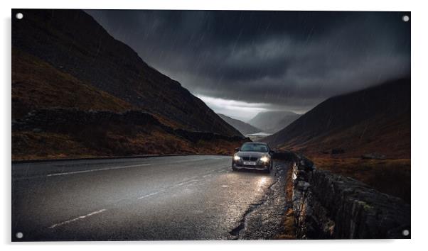 BMW 335D on Moody Mountain Backdrop Acrylic by Mark Battista