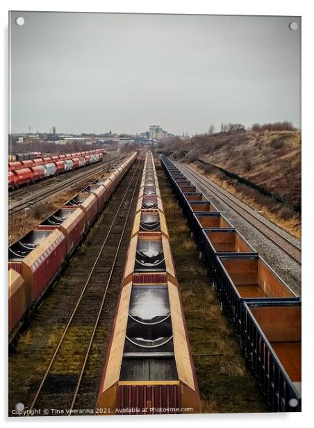 Stationary cargo trains at Thornaby on Tees Acrylic by Tina Veeranna