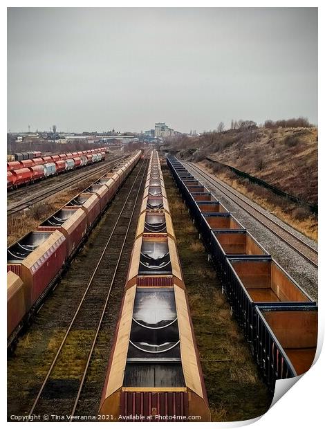 Stationary cargo trains at Thornaby on Tees Print by Tina Veeranna