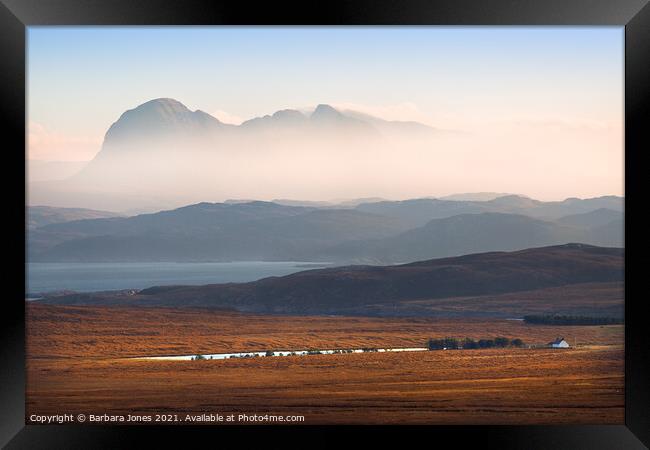 Suilven Early Morning Mist Scottish Highlands Framed Print by Barbara Jones