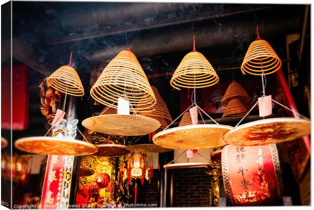 Spiral Incense side The Pakti Temple In Chung Chau, Hong Kong Canvas Print by Peter Greenway