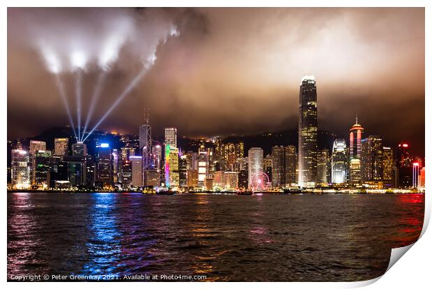Laser Light Show Over Victoria Harbour At Tsim Sha Tsui, Hong Kong Print by Peter Greenway