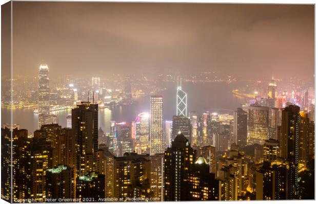 Night Time View Over Hong Kong Island From 'The Pe Canvas Print by Peter Greenway