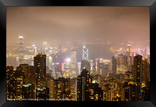 Night Time View Over Hong Kong Island From 'The Pe Framed Print by Peter Greenway
