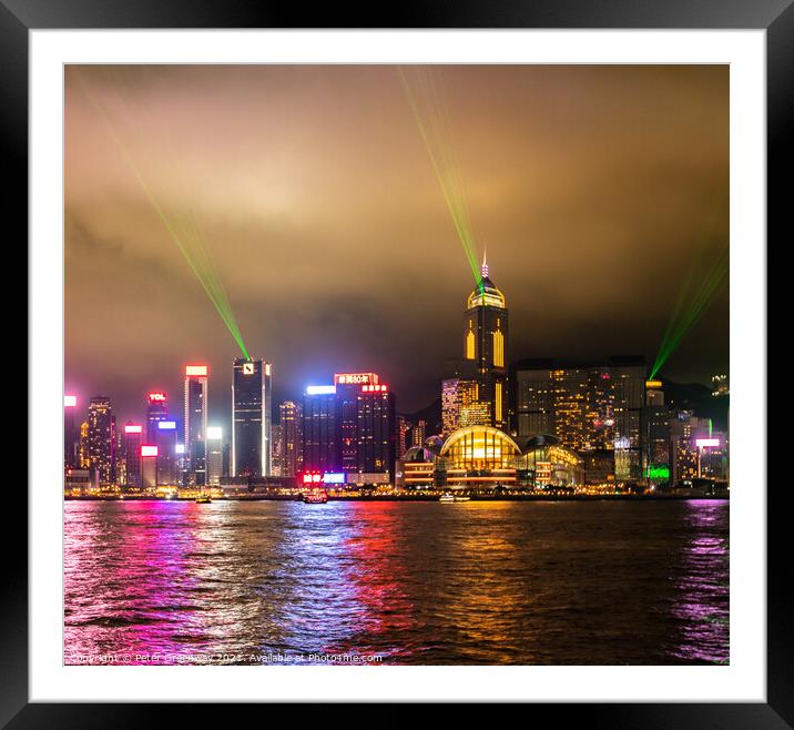 Laser Light Show Over Victoria Harbour At Tsim Sha Tsui, Hong Ko Framed Mounted Print by Peter Greenway