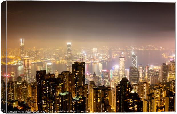 Night Time View Over Hong Kong Island From 'The Peak' Canvas Print by Peter Greenway
