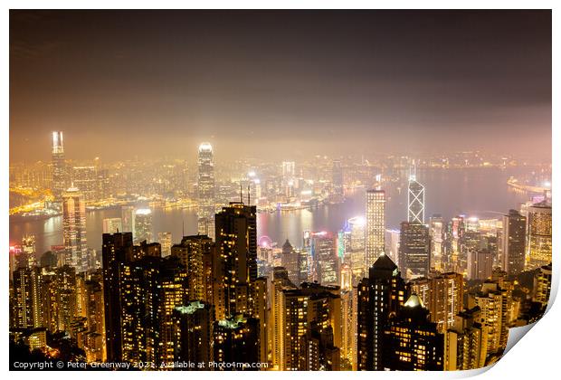 Night Time View Over Hong Kong Island From 'The Peak' Print by Peter Greenway
