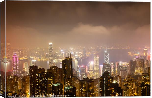 Night Time View Over Hong Kong Island From 'The Peak' Canvas Print by Peter Greenway