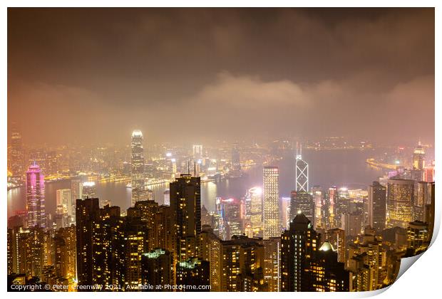 Night Time View Over Hong Kong Island From 'The Peak' Print by Peter Greenway