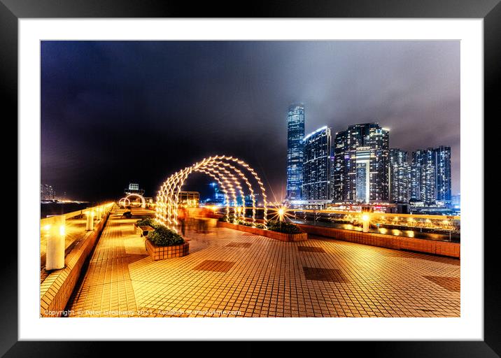 Illuminated Arches & Skyline Around Kowloon Harbour, Hong Kong Framed Mounted Print by Peter Greenway