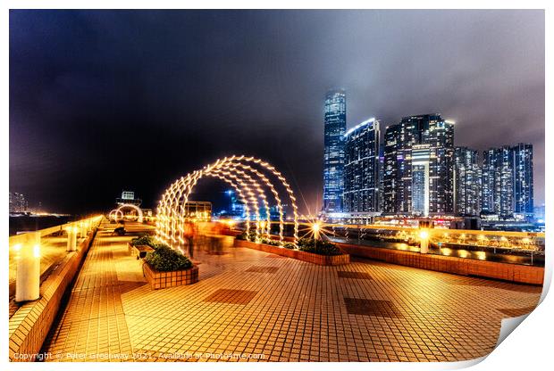 Illuminated Arches & Skyline Around Kowloon Harbour, Hong Kong Print by Peter Greenway