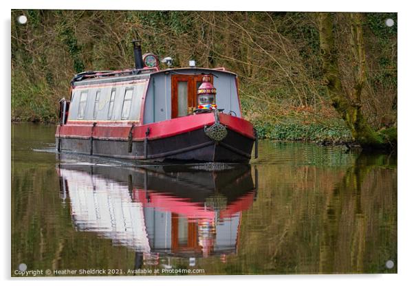 Narrowboat and Reflection on Canal Acrylic by Heather Sheldrick