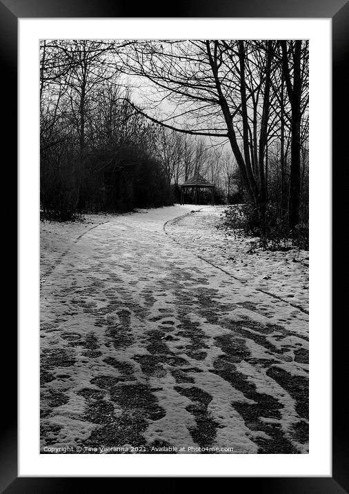 Snowy Footsteps to a Gazebo Framed Mounted Print by Tina Veeranna