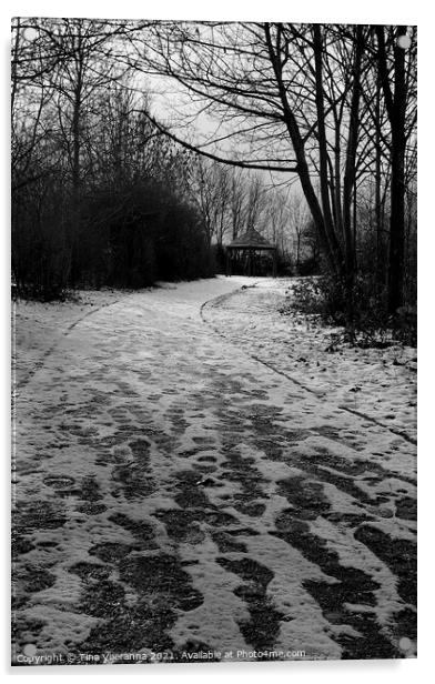 Snowy Footsteps to a Gazebo Acrylic by Tina Veeranna