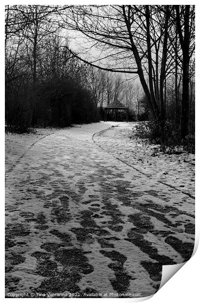 Snowy Footsteps to a Gazebo Print by Tina Veeranna