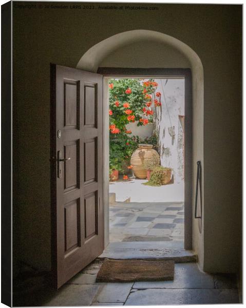 Through the Greek door, Naxos Canvas Print by Jo Sowden