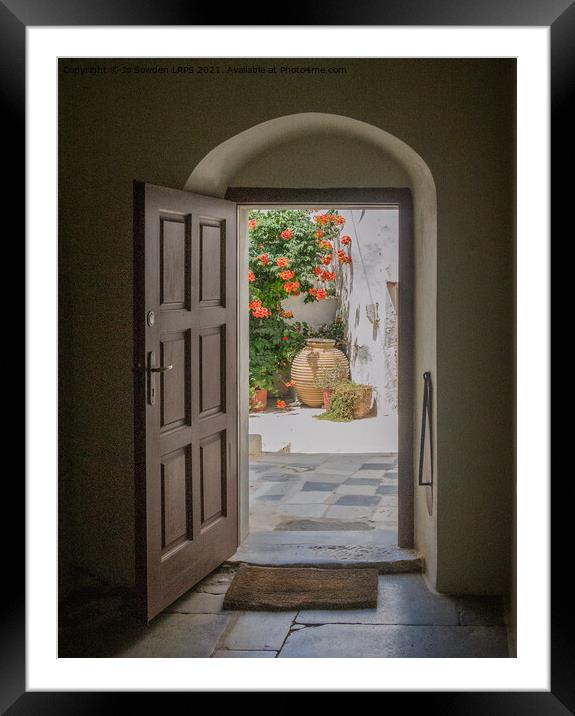 Through the Greek door, Naxos Framed Mounted Print by Jo Sowden