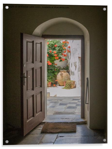 Through the Greek door, Naxos Acrylic by Jo Sowden