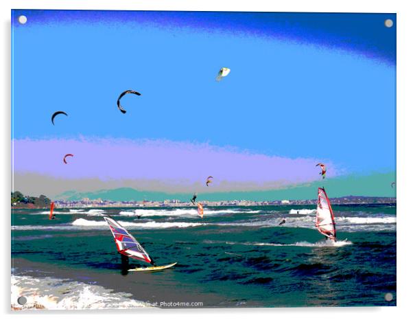 Posterized windsurfers and kite surfers on Palm be Acrylic by Ann Biddlecombe