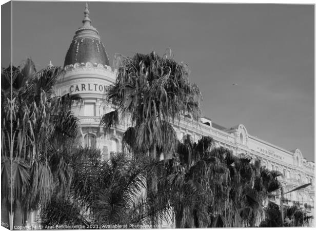 The iconic Carlton hotel in Cannes Canvas Print by Ann Biddlecombe