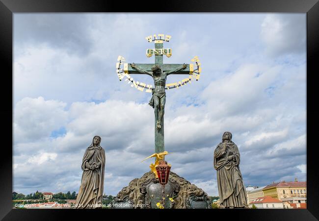 The statue Crucifix and Calvary on Charles Bridge in Prague, Czech Republic Framed Print by Chun Ju Wu