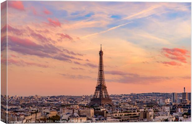 Eiffel Tower at sunset time with colorful sky and clouds, Paris, France Canvas Print by Chun Ju Wu