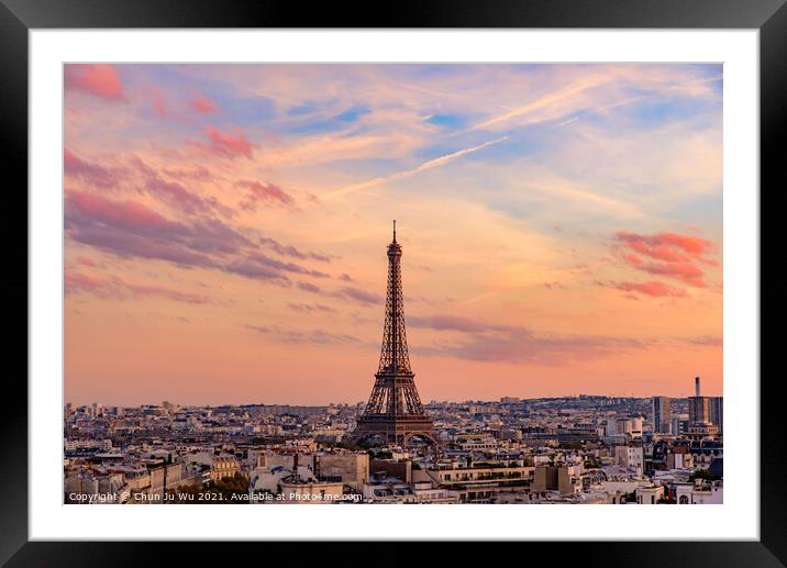 Eiffel Tower at sunset time with colorful sky and clouds, Paris, France Framed Mounted Print by Chun Ju Wu