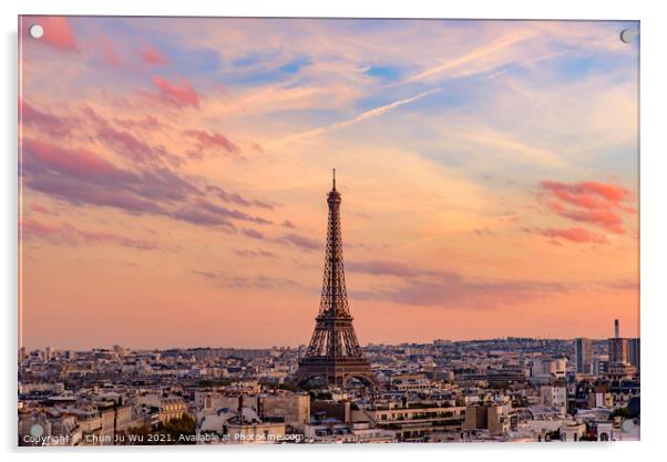 Eiffel Tower at sunset time with colorful sky and clouds, Paris, France Acrylic by Chun Ju Wu