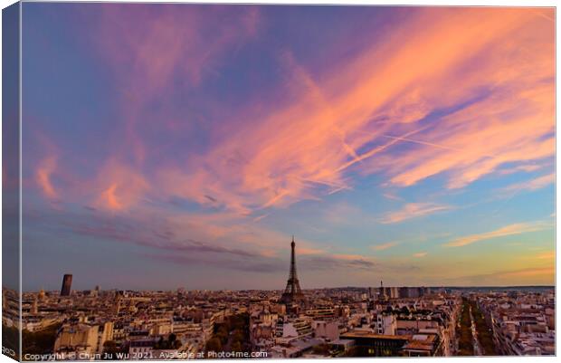 Eiffel Tower at sunset time with colorful sky and clouds, Paris, France Canvas Print by Chun Ju Wu