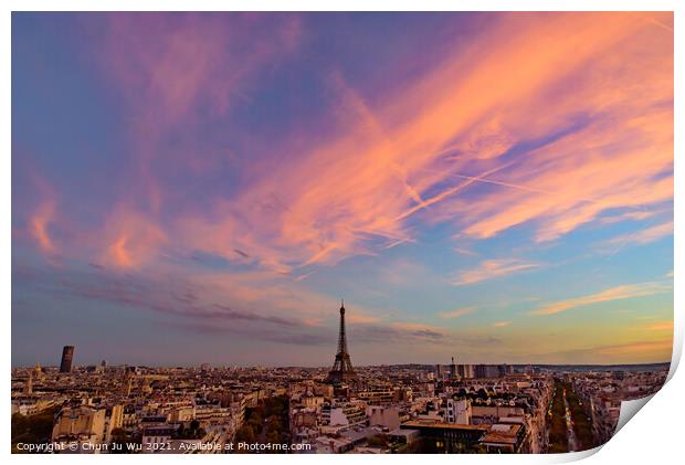 Eiffel Tower at sunset time with colorful sky and clouds, Paris, France Print by Chun Ju Wu