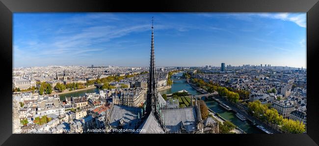 Panoramic view of the center tower from the top of Notre Dame Cathedral in Paris, France Framed Print by Chun Ju Wu