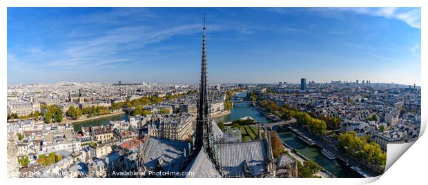 Panoramic view of the center tower from the top of Notre Dame Cathedral in Paris, France Print by Chun Ju Wu