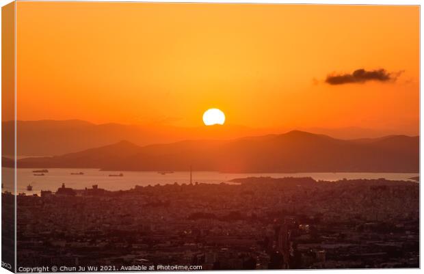 Panoramic view of Athens city from Lykavittos Hill at sunset time Canvas Print by Chun Ju Wu