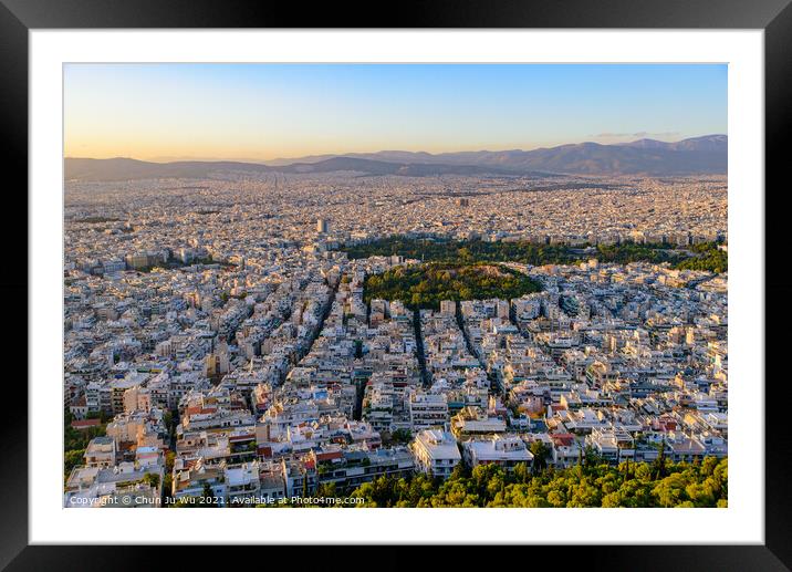 Panoramic view of Athens city from Lykavittos Hill at sunset time Framed Mounted Print by Chun Ju Wu