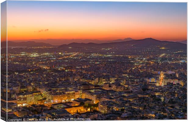 Panoramic view of Athens city from Lykavittos Hill at sunset time Canvas Print by Chun Ju Wu